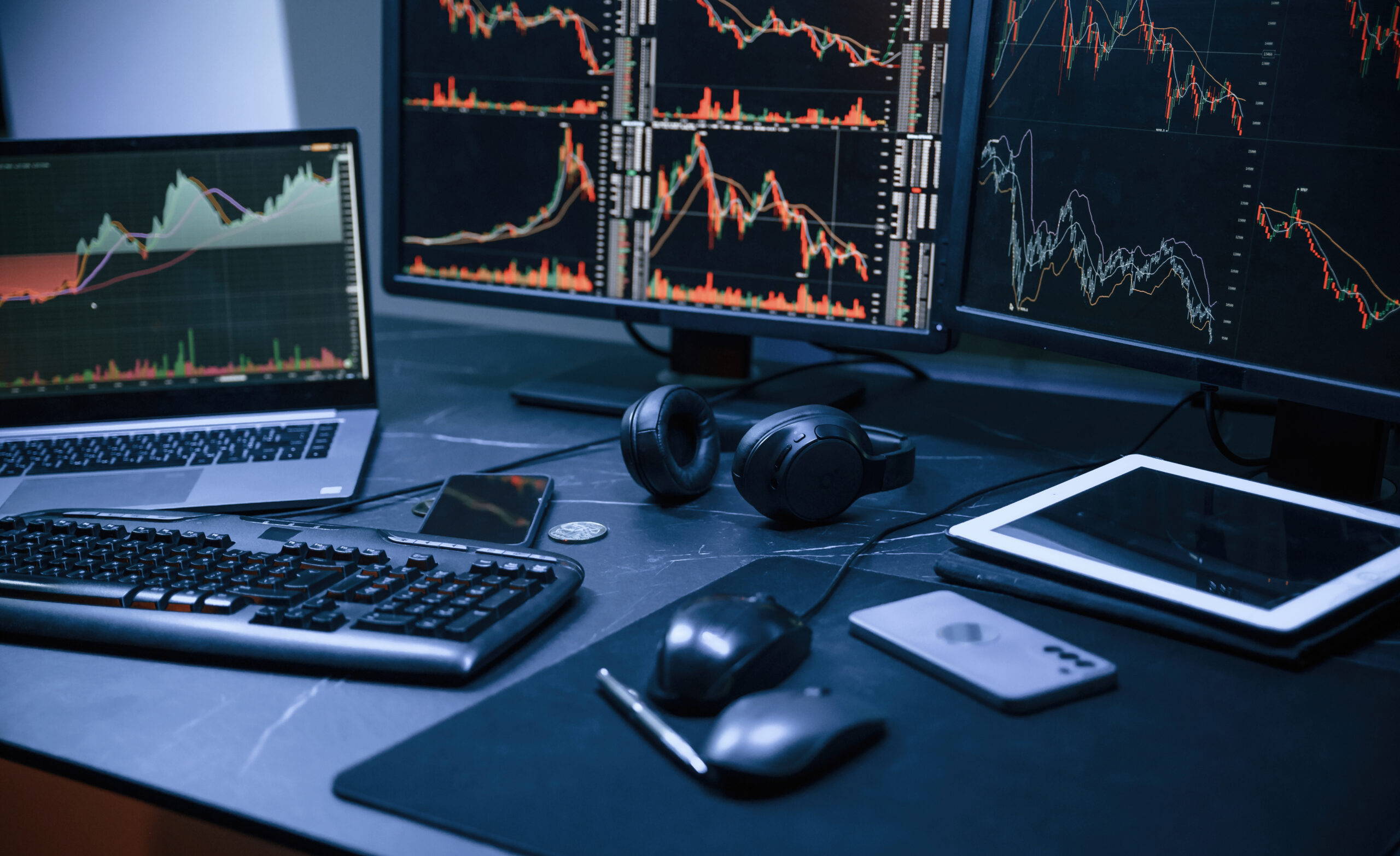 Close up view. Cyber criminal haker dark room for massive attack of corporate big data servers.